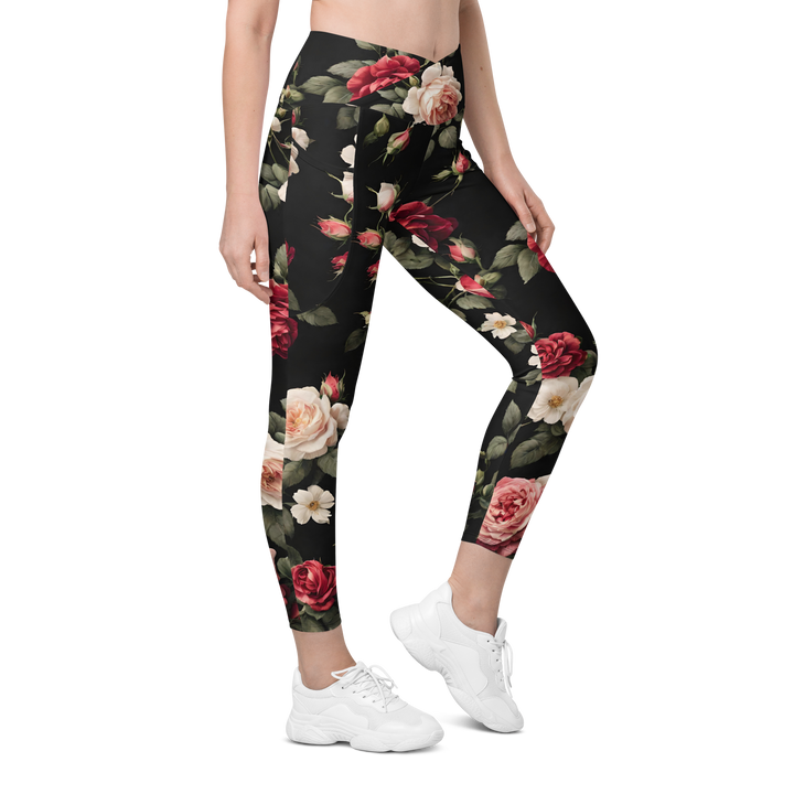 V-Bund-Leggings mit Taschen - Vintage Roses, schwarz