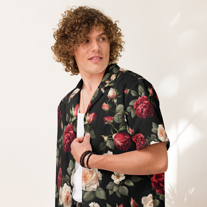 Skjorte med knapper unisex - Vintage Roses, sort