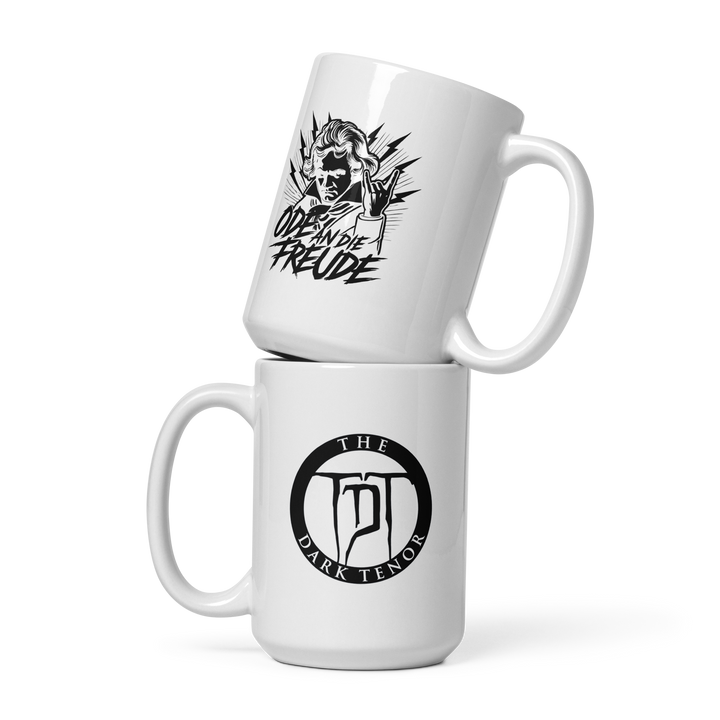 Weiße, glänzende Tasse - Ode an die Freude - Pommesgabel