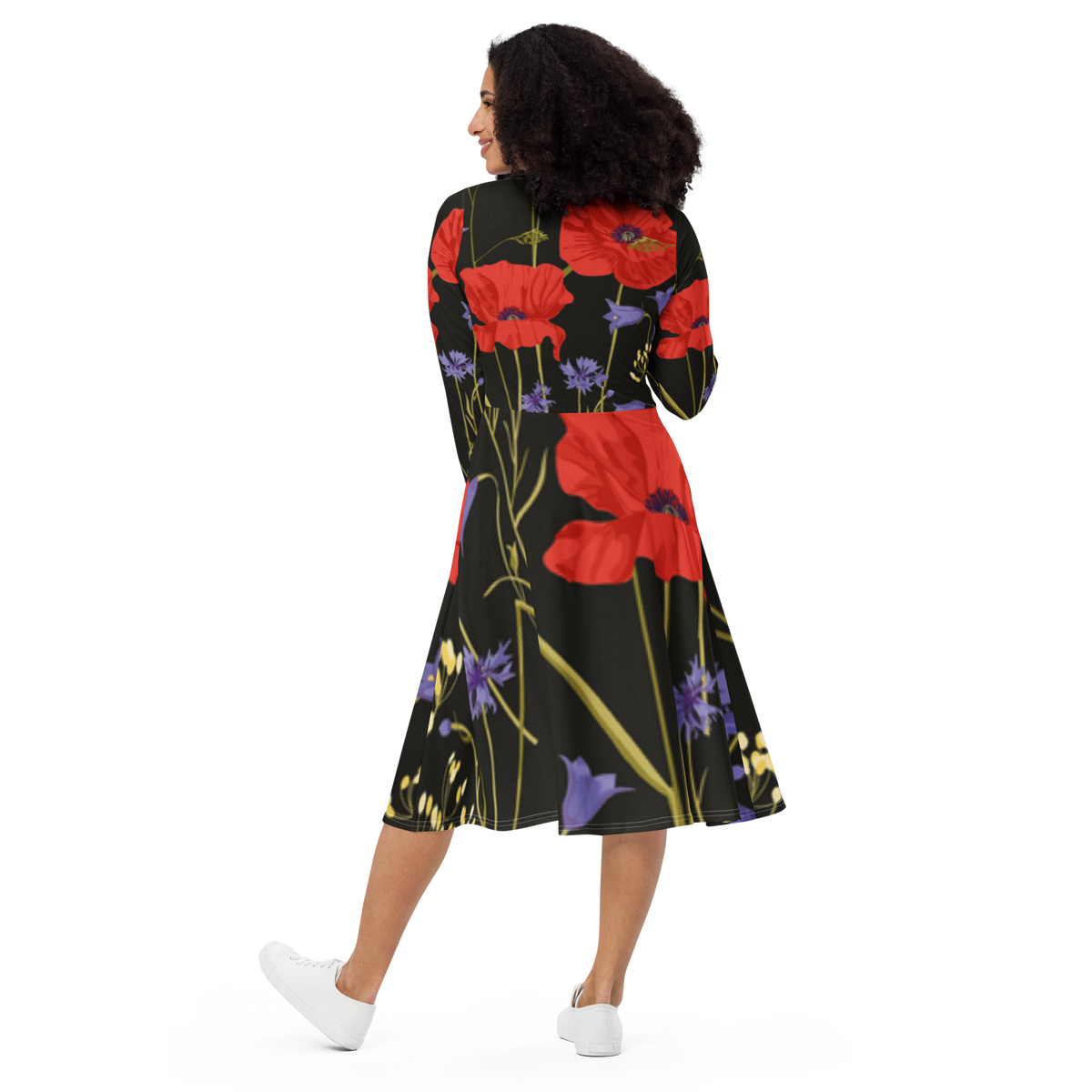Langärmliges Midikleid - Mohnblumen