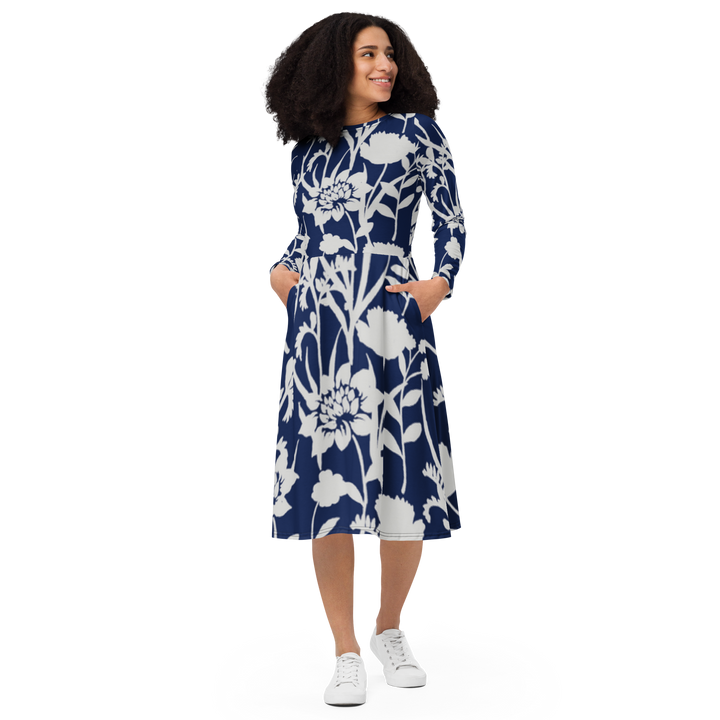 Langärmliges Midikleid mit Taschen - Blaue Blume