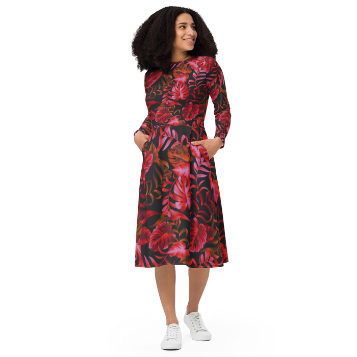 Langärmliges Midikleid mit Taschen - Blätter der Nacht