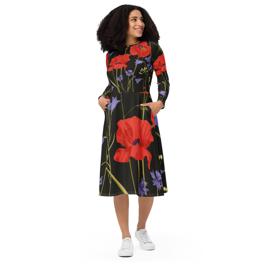 Langärmliges Midikleid - Mohnblumen