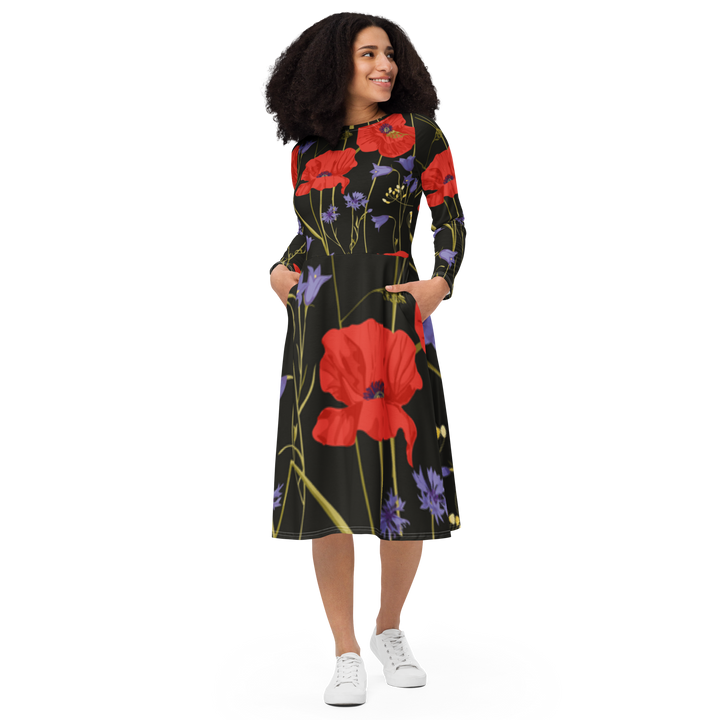 Long Sleeve Midi Dress - Poppies