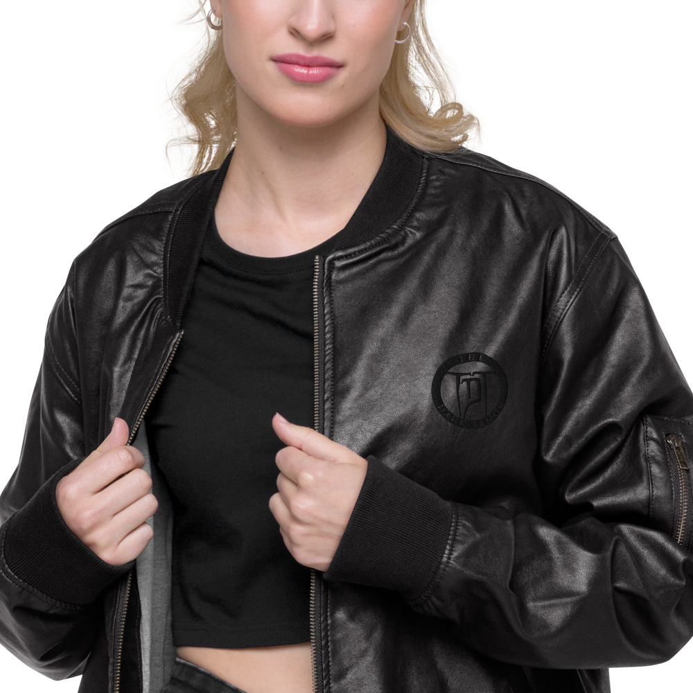 Faux leather bomber jacket for women - embroidered coat of arms, black on black