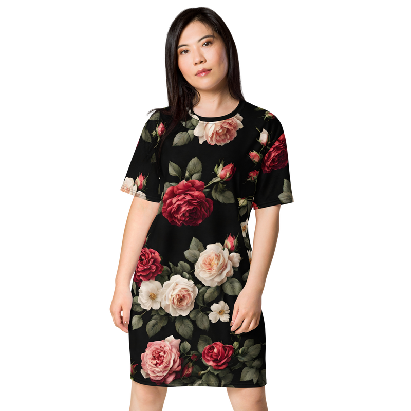 T-Shirt-Kleid Damen - Vintage Roses, schwarz