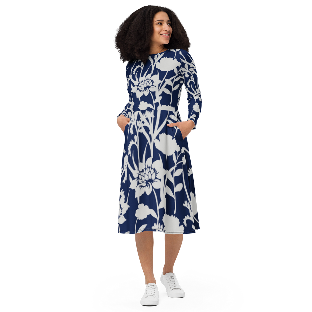 Langärmliges Midikleid mit Taschen - Blaue Blume