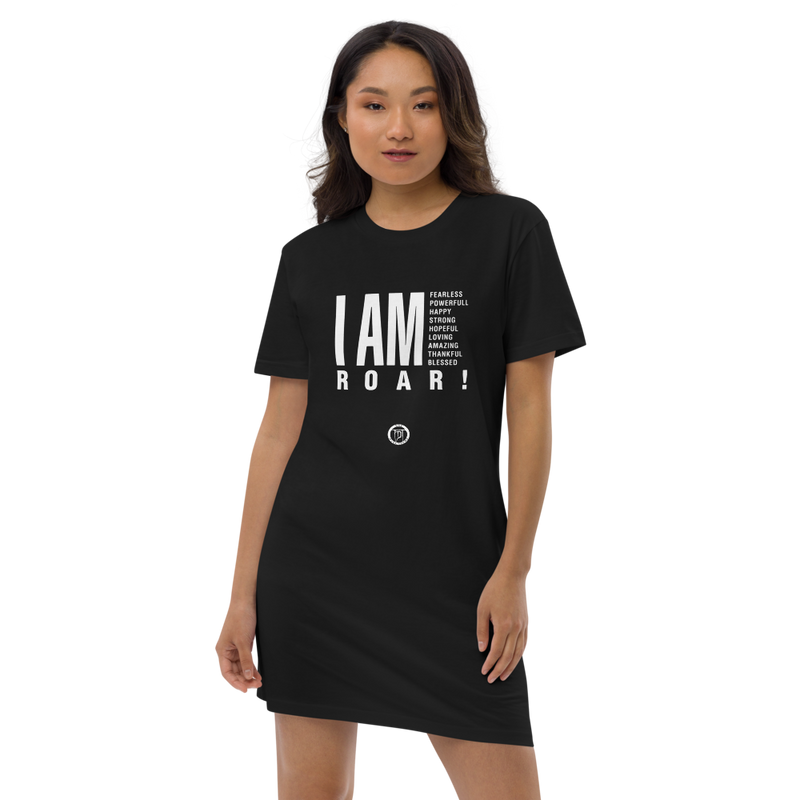 T-Shirt-Kleid aus organischer Baumwolle - I am (Roar 2.0), Weiss